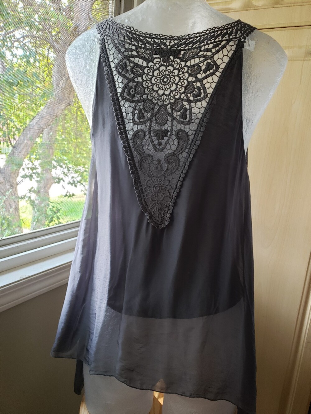 Silk Women's Gray Sleeveless Blouse with Lace-Back Detail